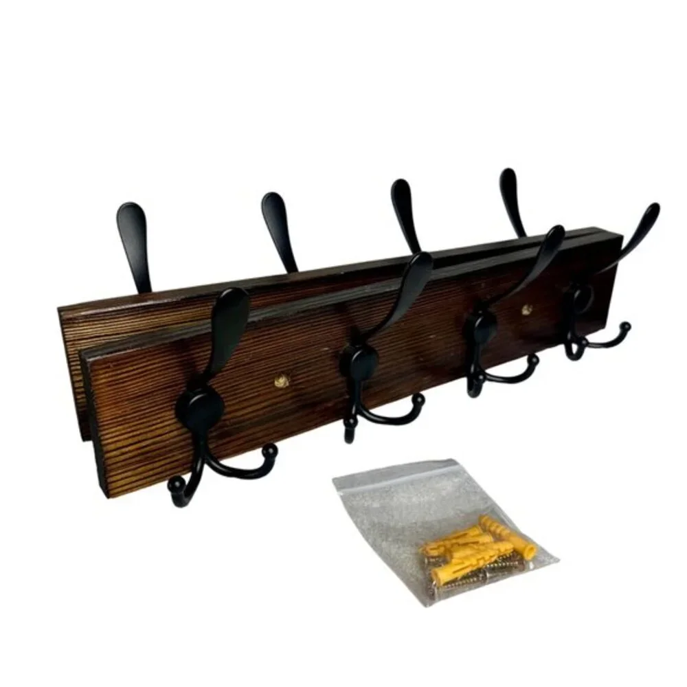 Folding Wood Wall Coat Rack Black Hooks Center Hinge 32